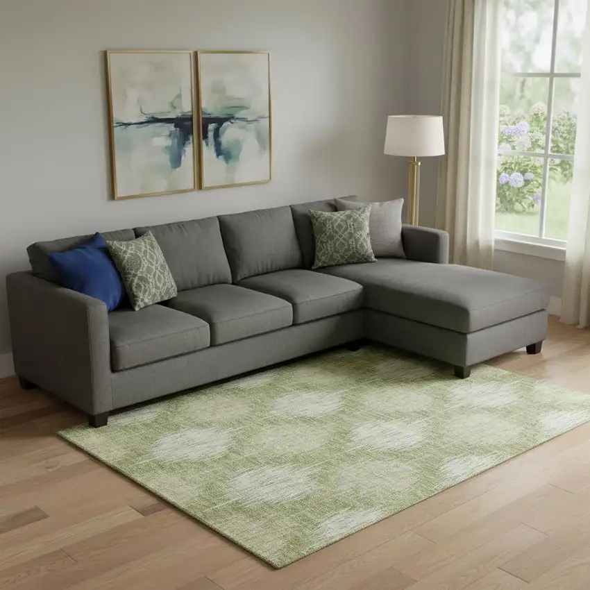 Artichoke Green And Ivory Ikat Washable Area Rug With UV Protection Photo 1