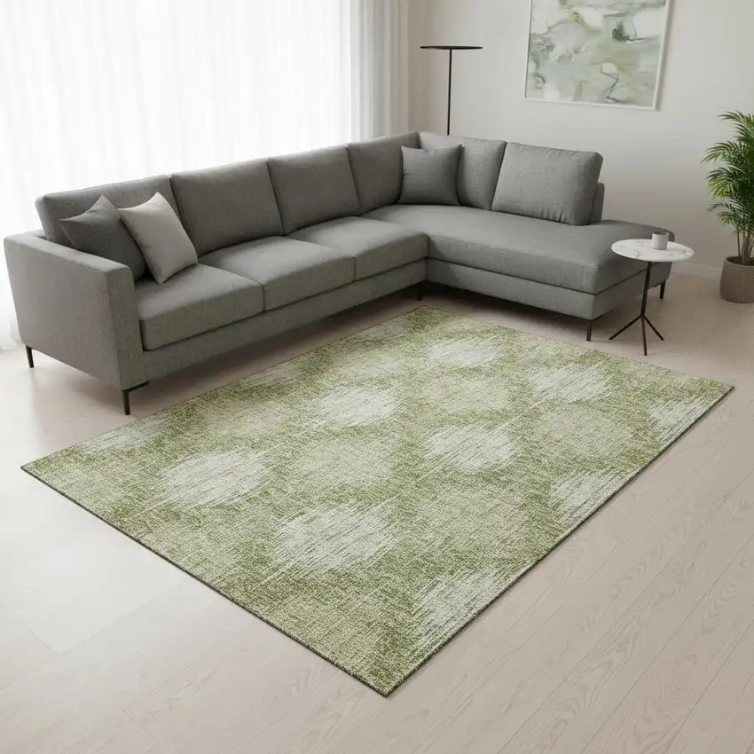 Artichoke Green And Ivory Ikat Washable Area Rug With UV Protection Photo 2