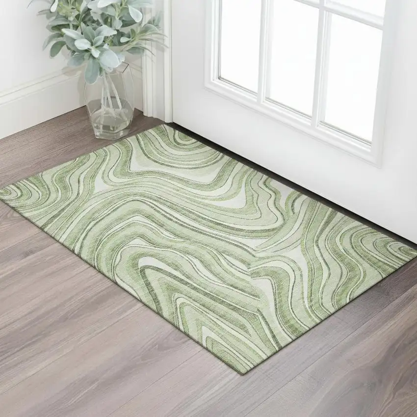 Artichoke Green And Ivory Marble Washable Area Rug With UV Protection Photo 1