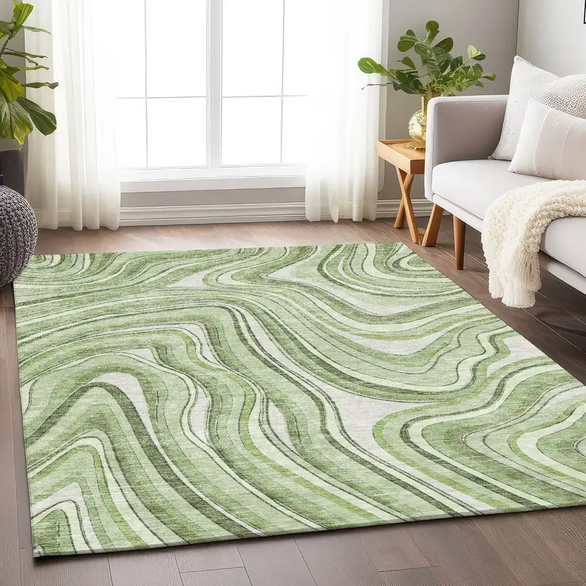 Artichoke Green And Ivory Marble Washable Area Rug With UV Protection Photo 5