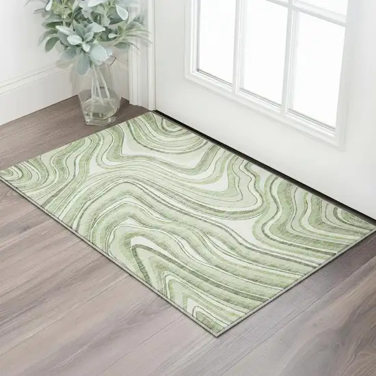 Artichoke Green And Ivory Marble Washable Area Rug With UV Protection Photo 2