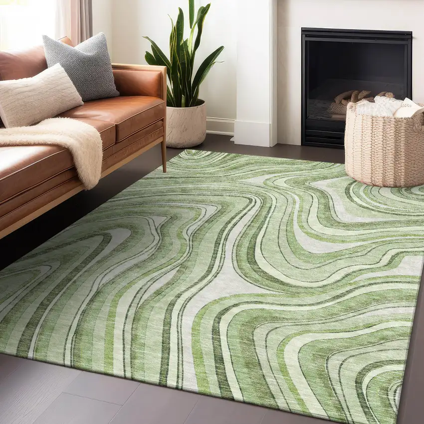 Artichoke Green And Ivory Marble Washable Area Rug With UV Protection Photo 6