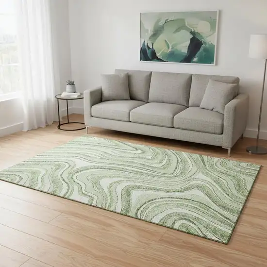 Artichoke Green And Ivory Marble Washable Area Rug With UV Protection Photo 2