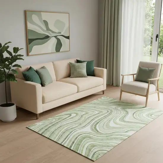 Artichoke Green And Ivory Marble Washable Area Rug With UV Protection Photo 1