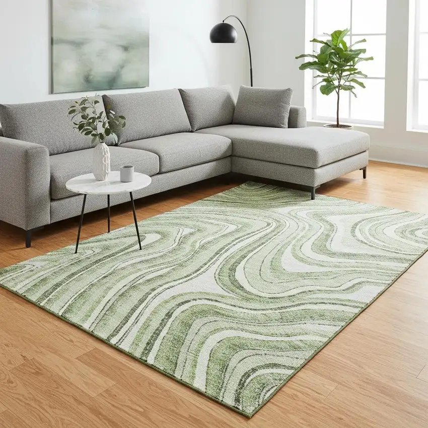 Artichoke Green And Ivory Marble Washable Area Rug With UV Protection Photo 2