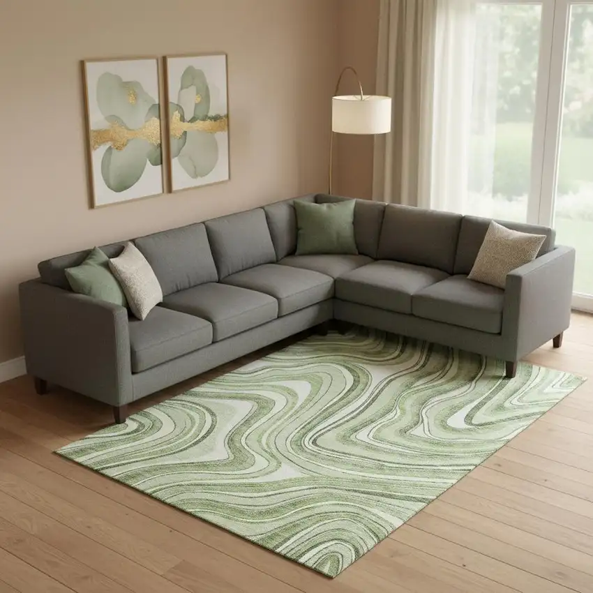 Artichoke Green And Ivory Marble Washable Area Rug With UV Protection Photo 1