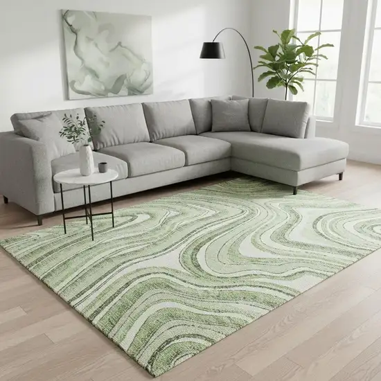 Artichoke Green And Ivory Marble Washable Area Rug With UV Protection Photo 2