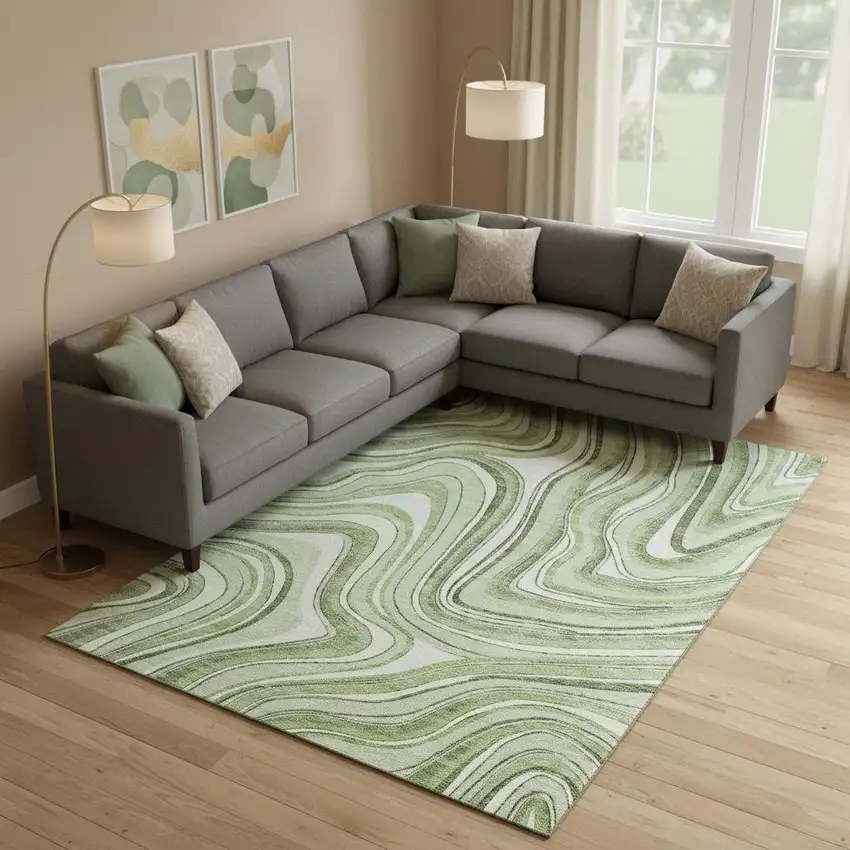 Artichoke Green And Ivory Marble Washable Area Rug With UV Protection Photo 1