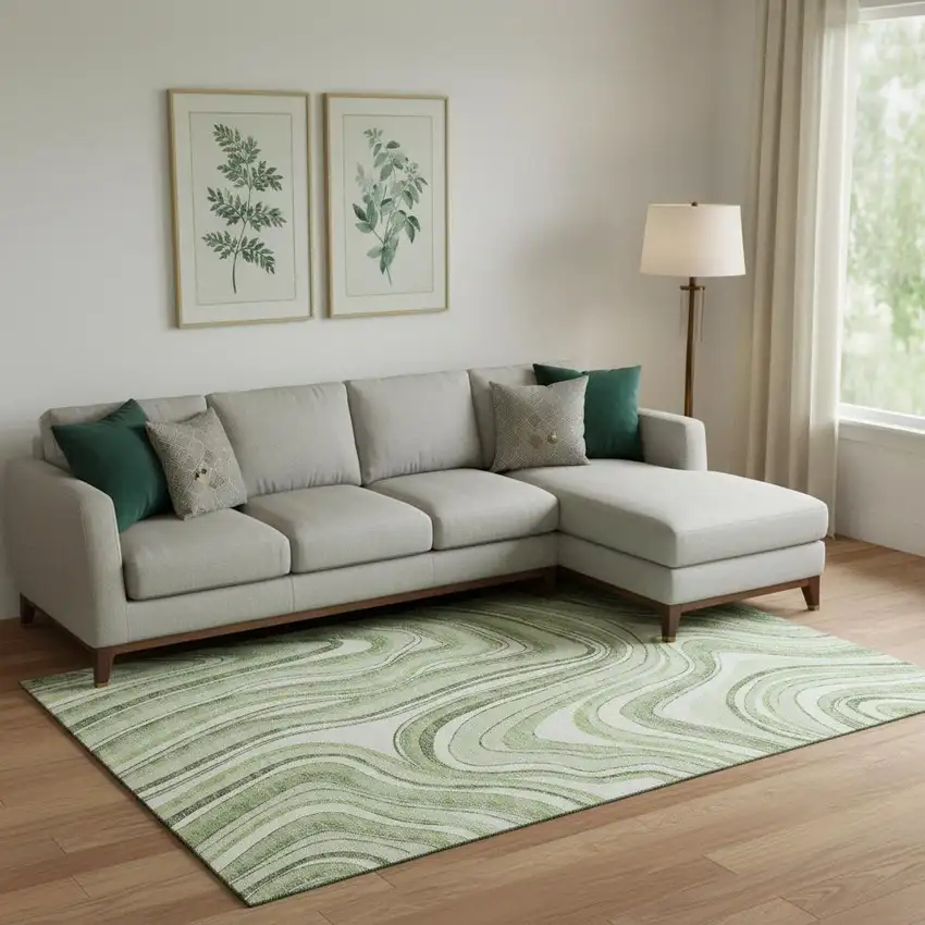 Artichoke Green And Ivory Marble Washable Area Rug With UV Protection Photo 1