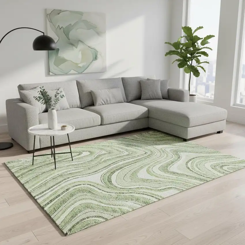 Artichoke Green And Ivory Marble Washable Area Rug With UV Protection Photo 2