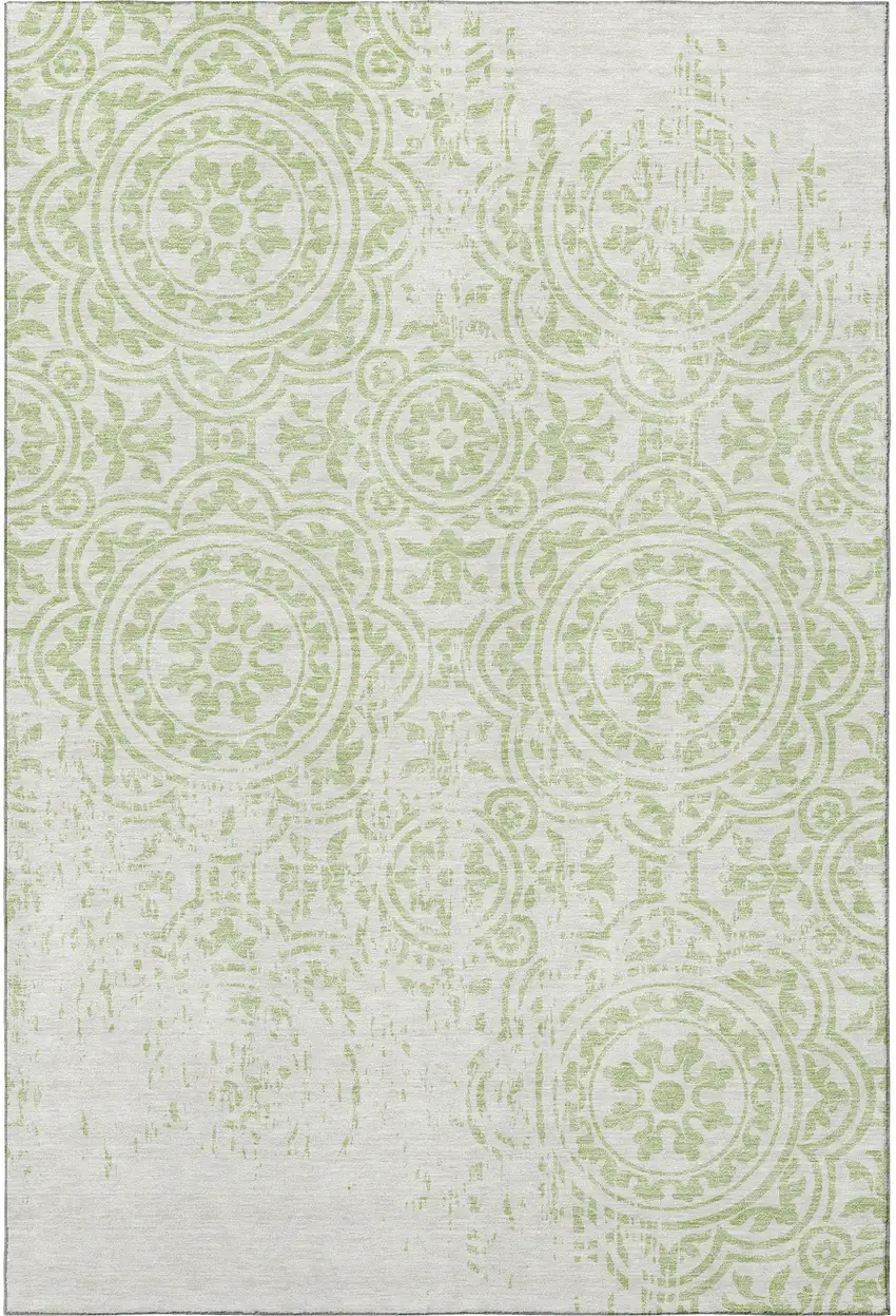 Artichoke Green And Ivory Medallion Washable Area Rug With UV Protection Photo 4