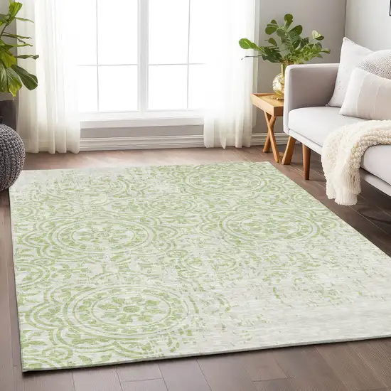 Artichoke Green And Ivory Medallion Washable Area Rug With UV Protection Photo 5