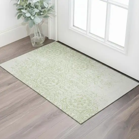 Artichoke Green And Ivory Medallion Washable Area Rug With UV Protection Photo 1