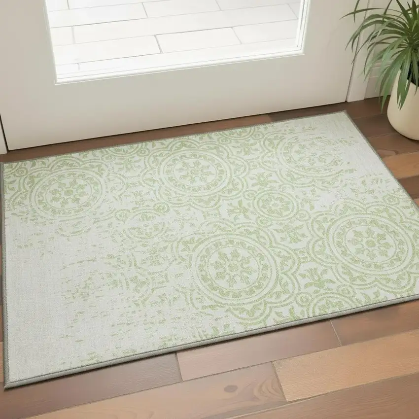 Artichoke Green And Ivory Medallion Washable Area Rug With UV Protection Photo 2