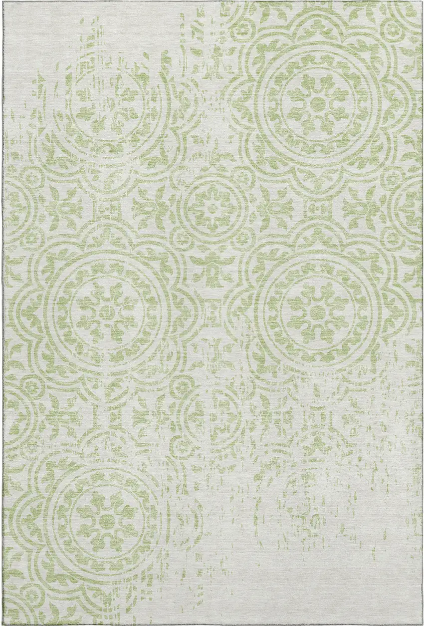 Artichoke Green And Ivory Medallion Washable Area Rug With UV Protection Photo 1