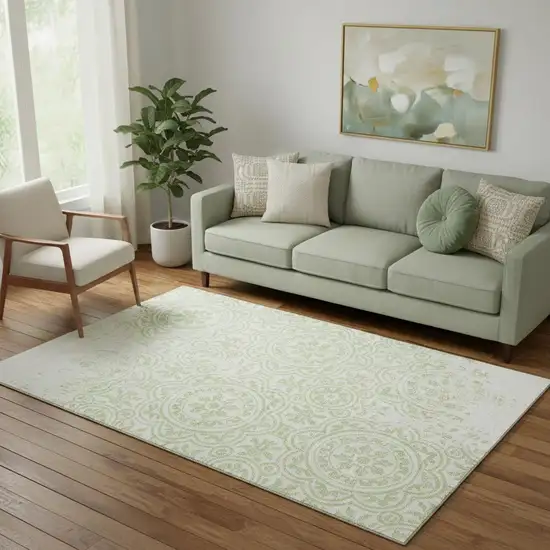 Artichoke Green And Ivory Medallion Washable Area Rug With UV Protection Photo 1