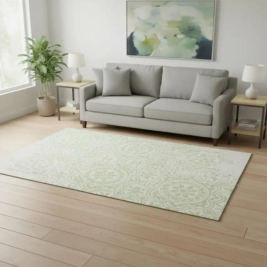Artichoke Green And Ivory Medallion Washable Area Rug With UV Protection Photo 2