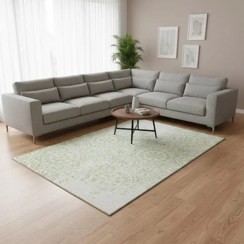 Artichoke Green And Ivory Medallion Washable Area Rug With UV Protection Photo 2