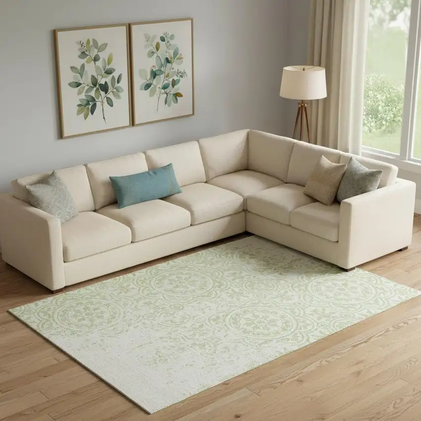 Artichoke Green And Ivory Medallion Washable Area Rug With UV Protection Photo 1