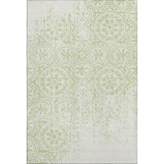 Artichoke Green And Ivory Medallion Washable Area Rug With UV Protection Photo 1
