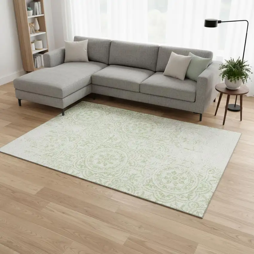 Artichoke Green And Ivory Medallion Washable Area Rug With UV Protection Photo 2