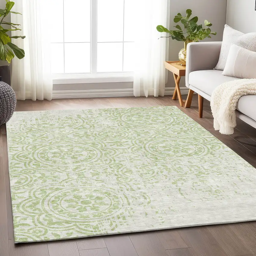 Artichoke Green And Ivory Medallion Washable Area Rug With UV Protection Photo 5