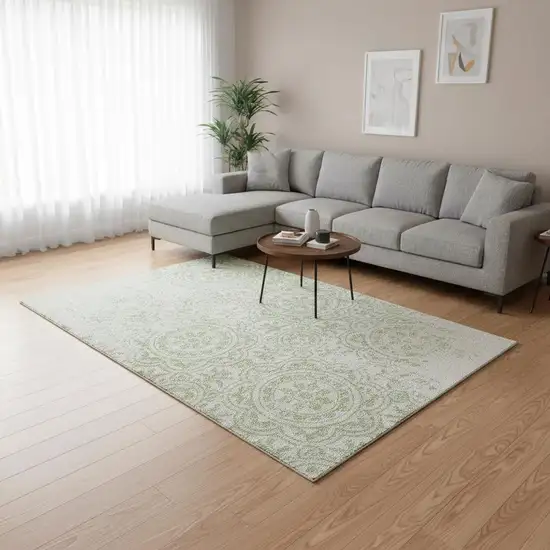 Artichoke Green And Ivory Medallion Washable Area Rug With UV Protection Photo 2