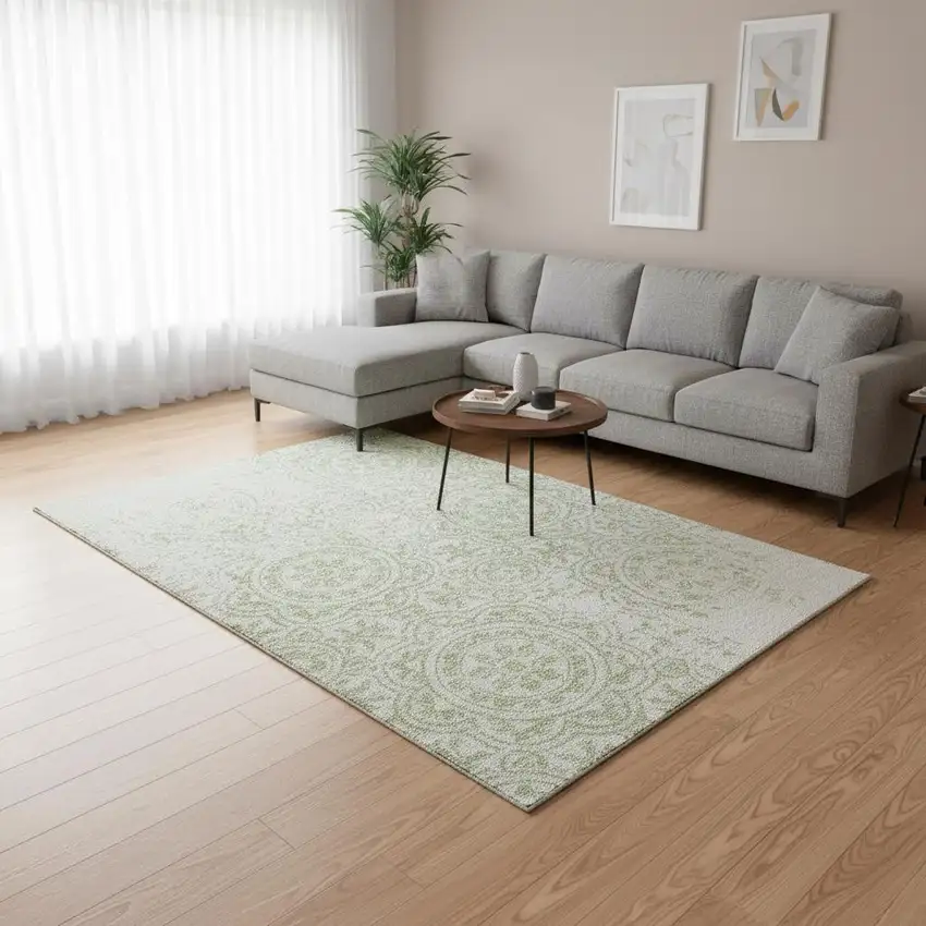 Artichoke Green And Ivory Medallion Washable Area Rug With UV Protection Photo 2