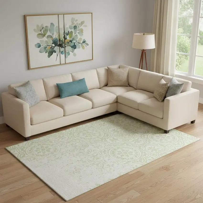 Artichoke Green And Ivory Medallion Washable Area Rug With UV Protection Photo 1