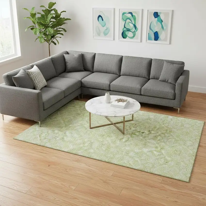 Artichoke Green And Ivory Medallion Washable Area Rug With UV Protection Photo 2