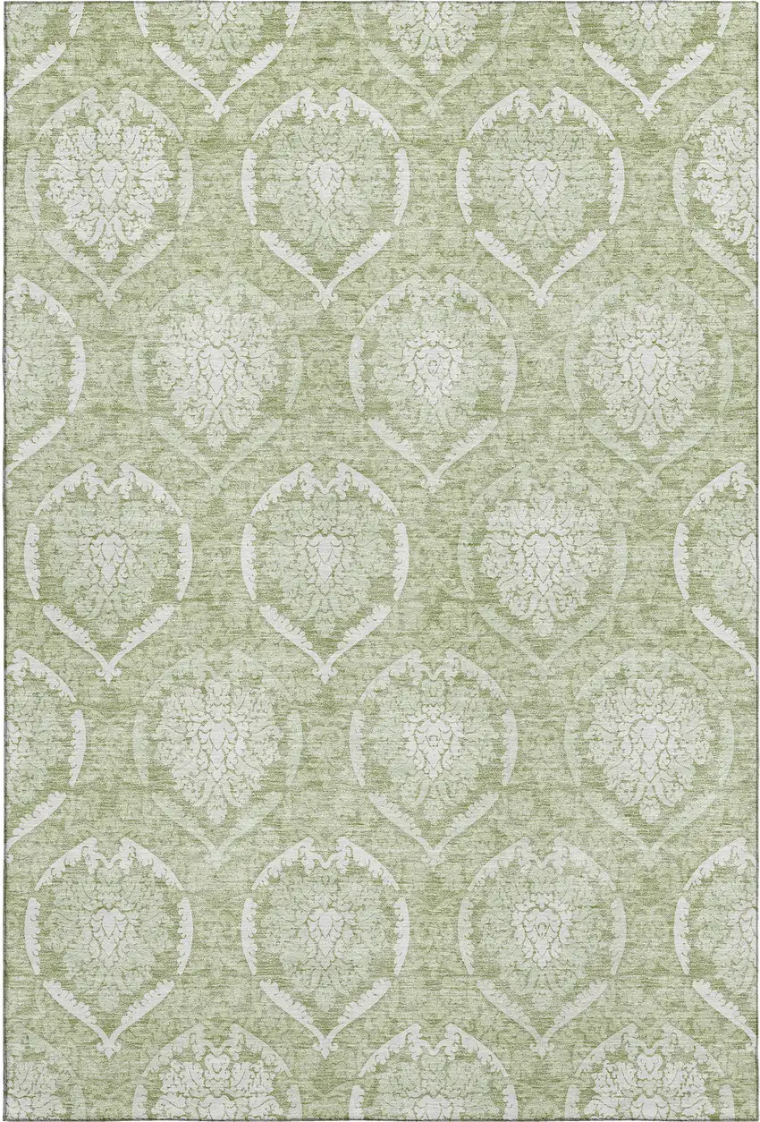 Artichoke Green And Ivory Medallion Washable Area Rug With UV Protection Photo 1