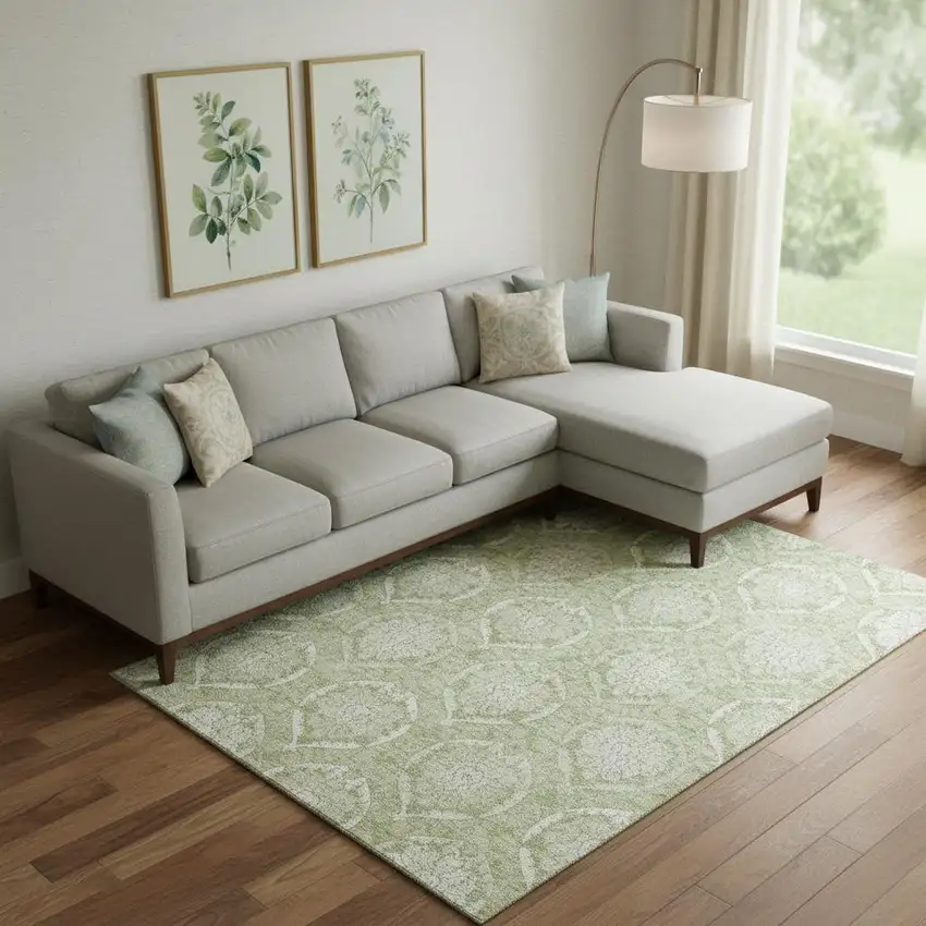 Artichoke Green And Ivory Medallion Washable Area Rug With UV Protection Photo 1