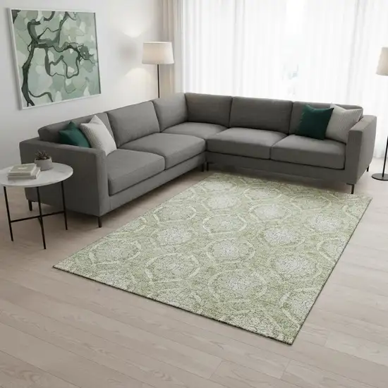 Artichoke Green And Ivory Medallion Washable Area Rug With UV Protection Photo 2