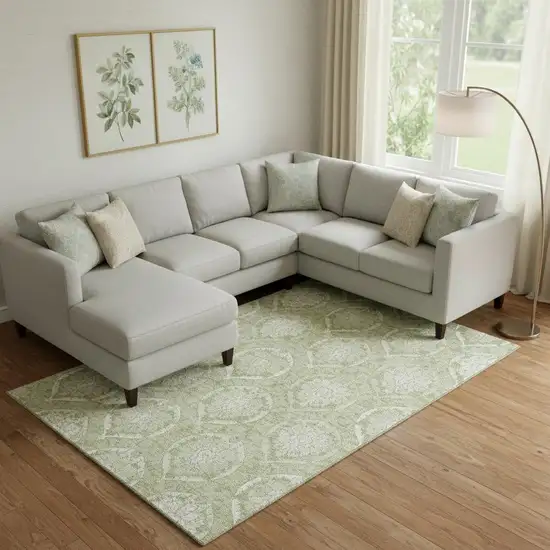 Artichoke Green And Ivory Medallion Washable Area Rug With UV Protection Photo 1