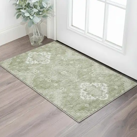 Artichoke Green And Ivory Medallion Washable Area Rug With UV Protection Photo 2