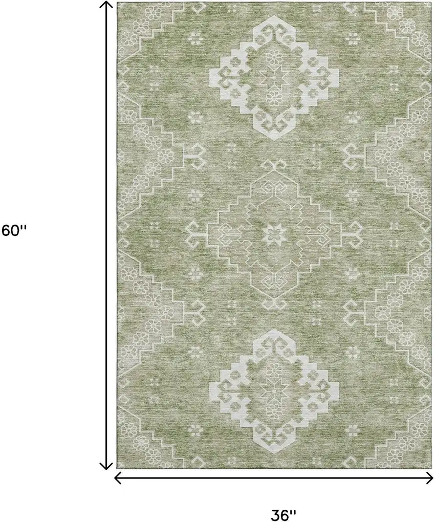 Artichoke Green And Ivory Medallion Washable Area Rug With UV Protection Photo 3
