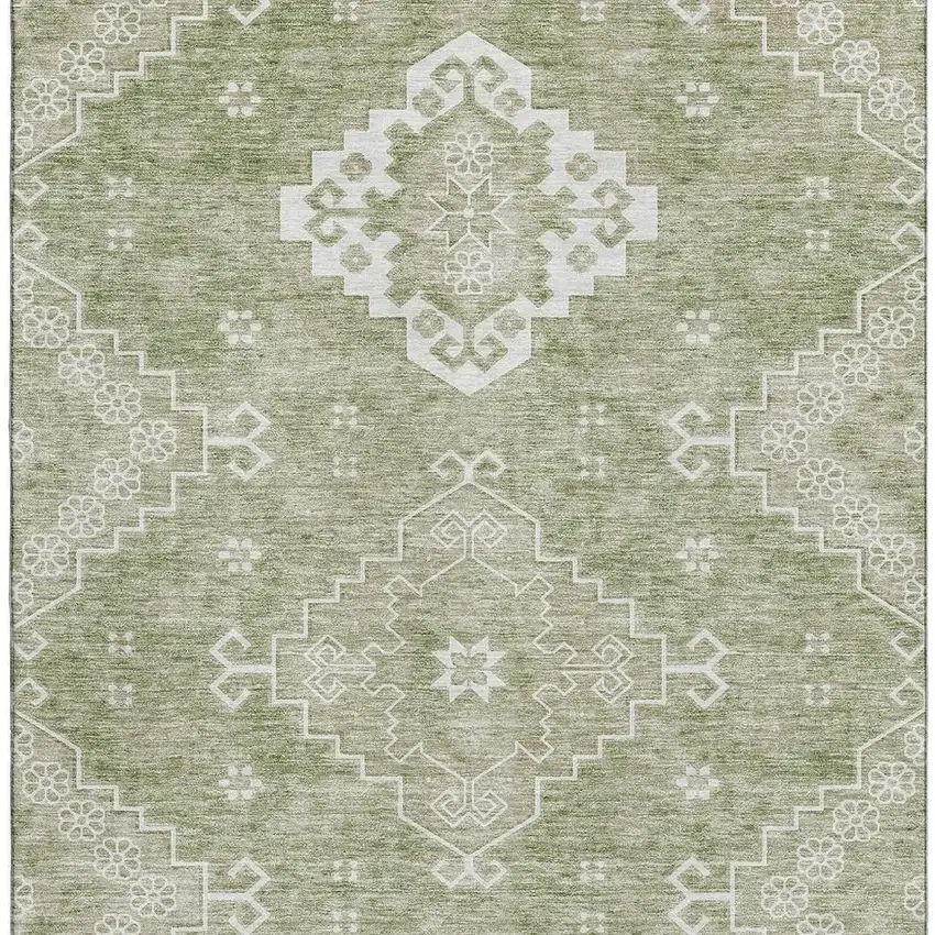 Artichoke Green And Ivory Medallion Washable Area Rug With UV Protection Photo 3