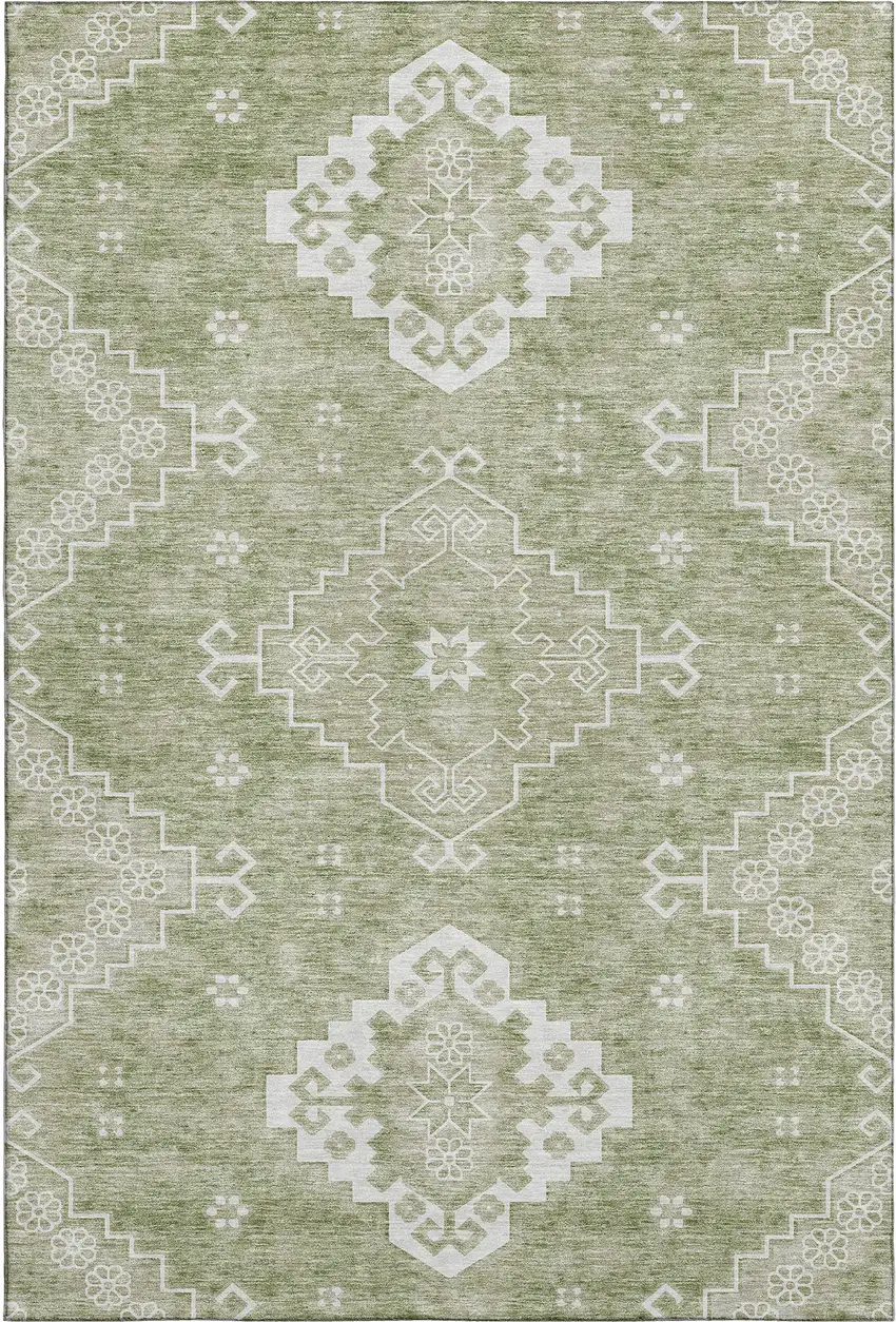 Artichoke Green And Ivory Medallion Washable Area Rug With UV Protection Photo 1