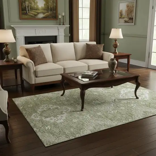 Artichoke Green And Ivory Medallion Washable Area Rug With UV Protection Photo 2