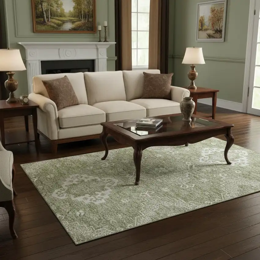 Artichoke Green And Ivory Medallion Washable Area Rug With UV Protection Photo 2