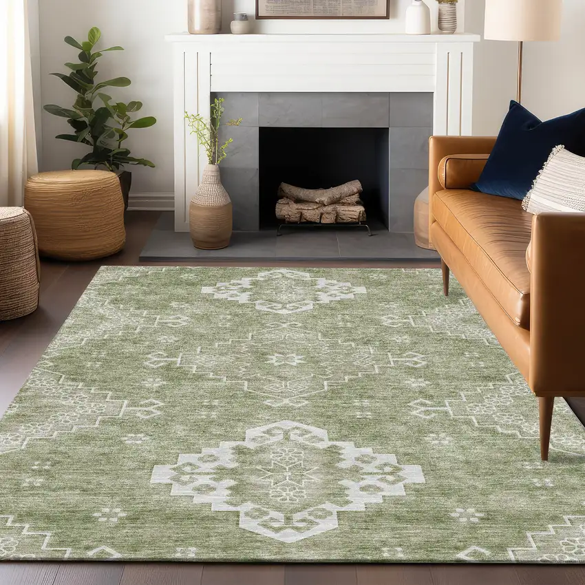 Artichoke Green And Ivory Medallion Washable Area Rug With UV Protection Photo 6