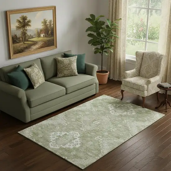 Artichoke Green And Ivory Medallion Washable Area Rug With UV Protection Photo 1