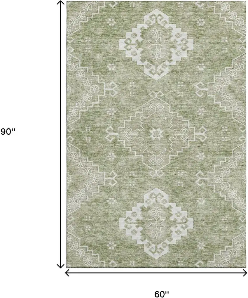 Artichoke Green And Ivory Medallion Washable Area Rug With UV Protection Photo 3