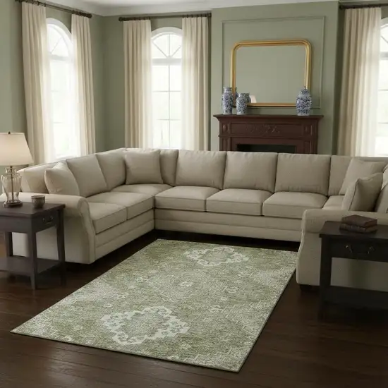 Artichoke Green And Ivory Medallion Washable Area Rug With UV Protection Photo 2