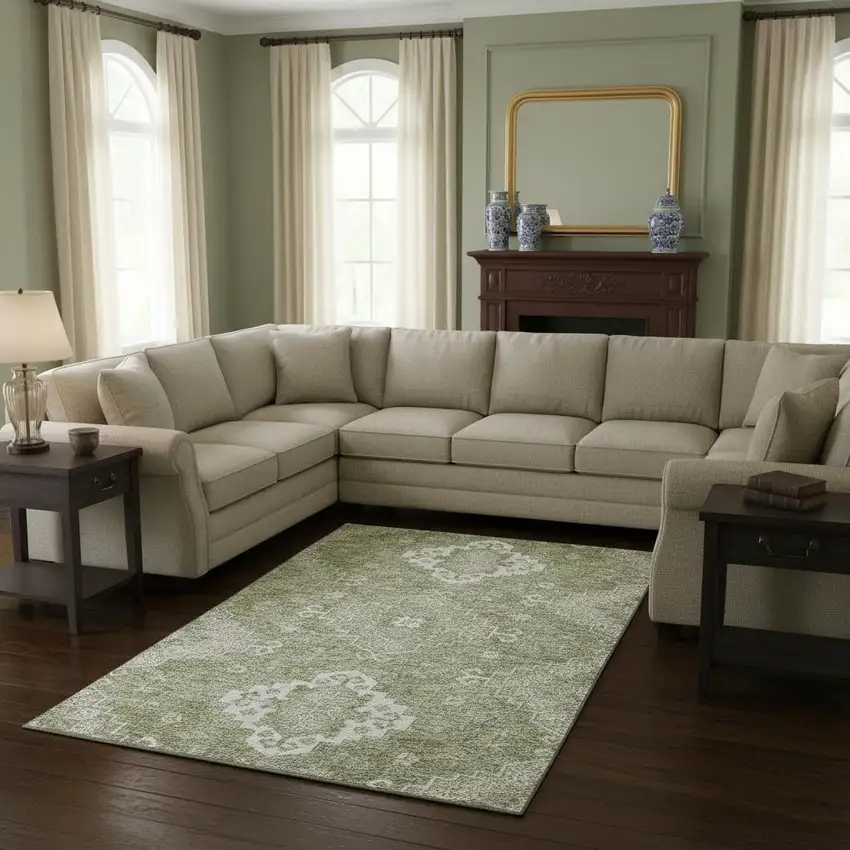 Artichoke Green And Ivory Medallion Washable Area Rug With UV Protection Photo 2