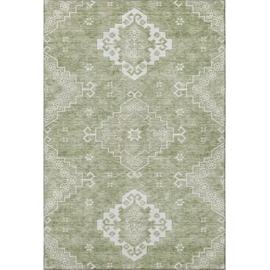 Artichoke Green And Ivory Medallion Washable Area Rug With UV Protection Photo 4