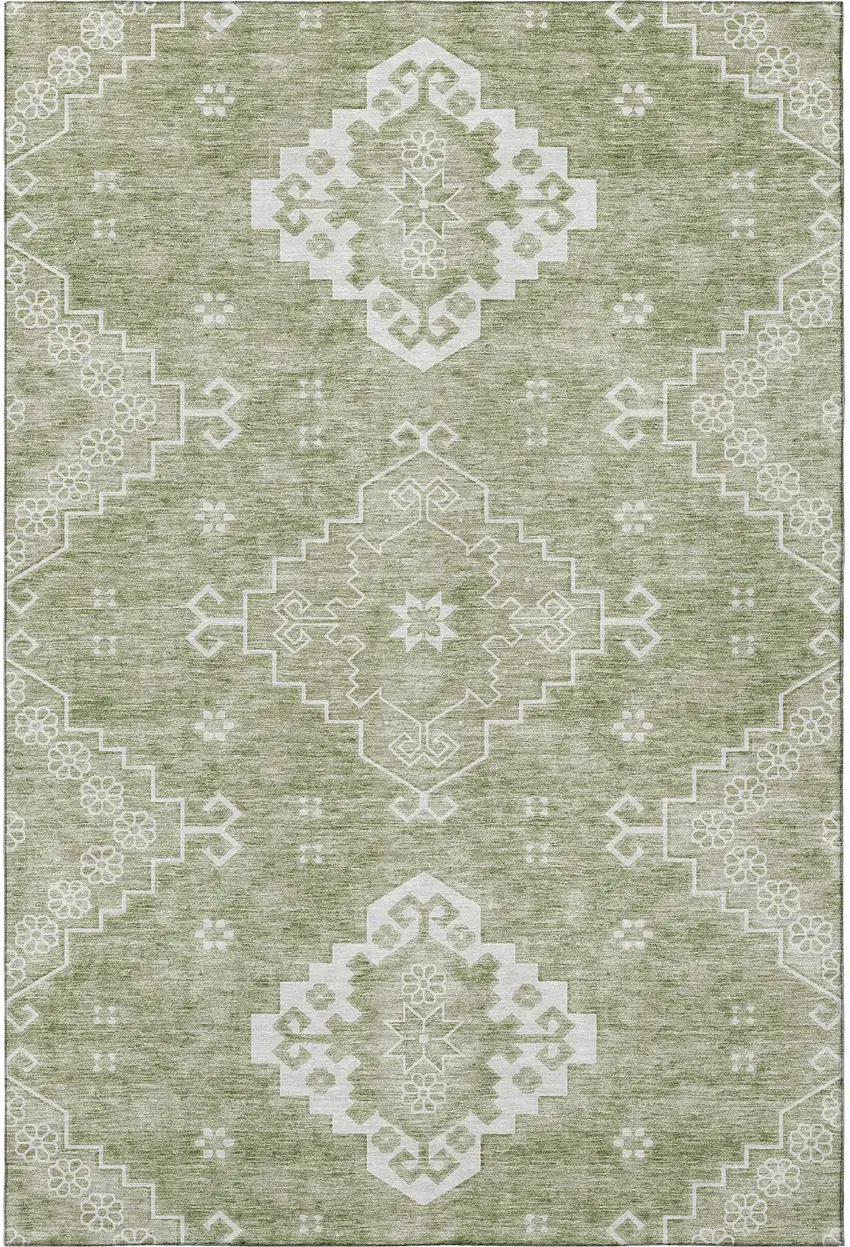 Artichoke Green And Ivory Medallion Washable Area Rug With UV Protection Photo 4