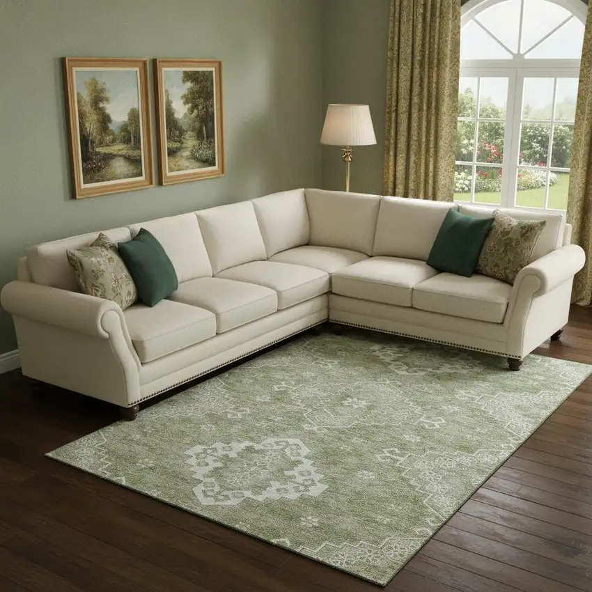 Artichoke Green And Ivory Medallion Washable Area Rug With UV Protection Photo 1