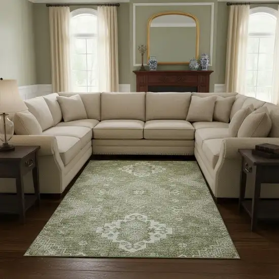 Artichoke Green And Ivory Medallion Washable Area Rug With UV Protection Photo 2
