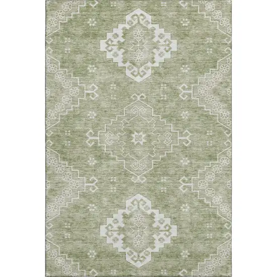 Artichoke Green And Ivory Medallion Washable Area Rug With UV Protection Photo 1